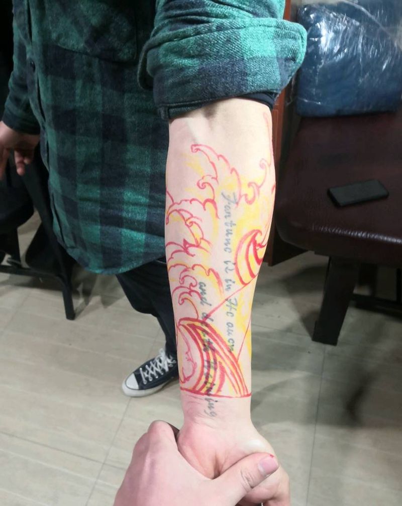 牡丹水浪包小臂纹身图片_新传统纹身图案