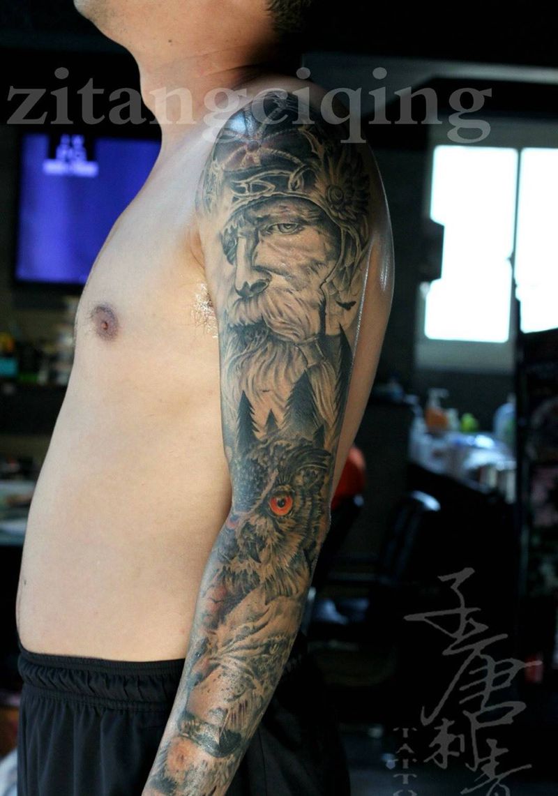 欧美花臂完成纹身图片_成品手臂欧美人物动物静物鬼神纹身图案