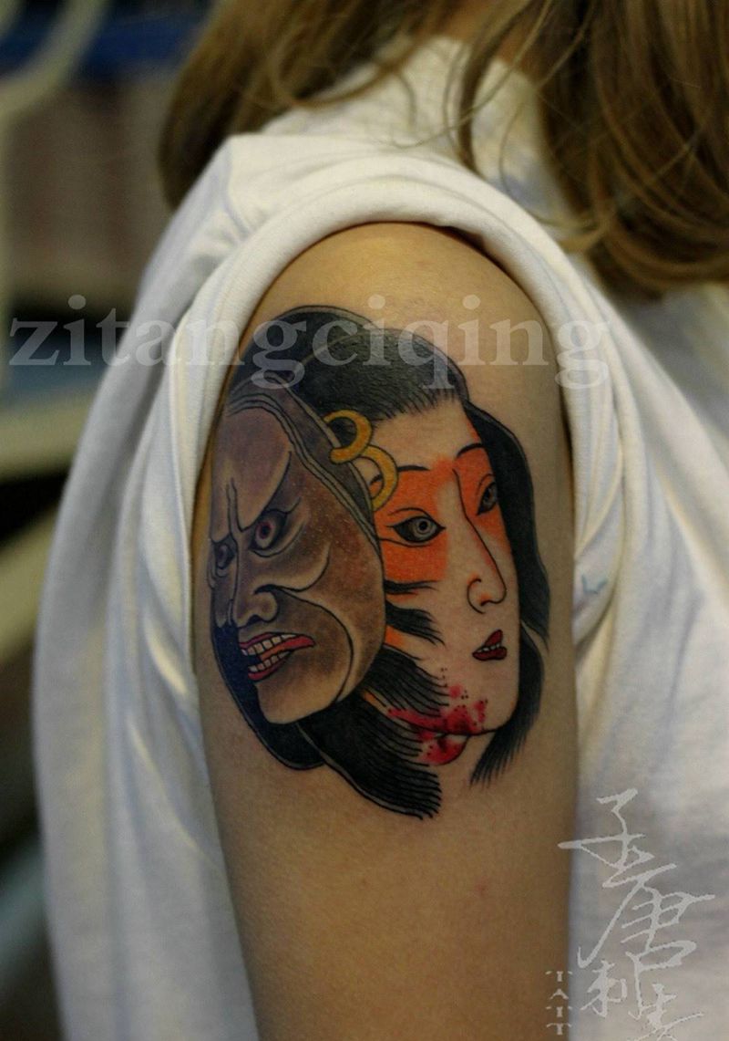 日式生首纹身图片_成品手臂传统人物鬼神纹身图案