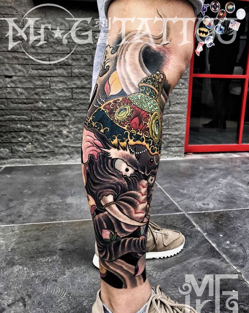 象神包小腿纹身图片_腿部传统鬼神成品纹身图案