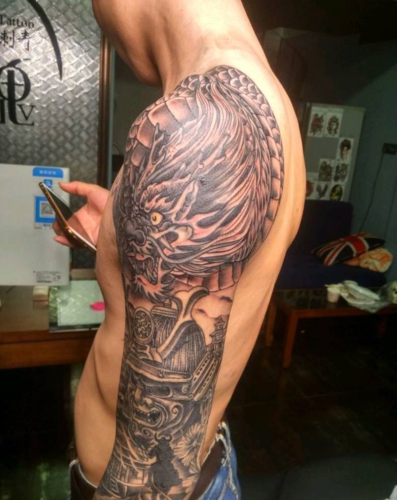 大臂修改龙头纹身图片