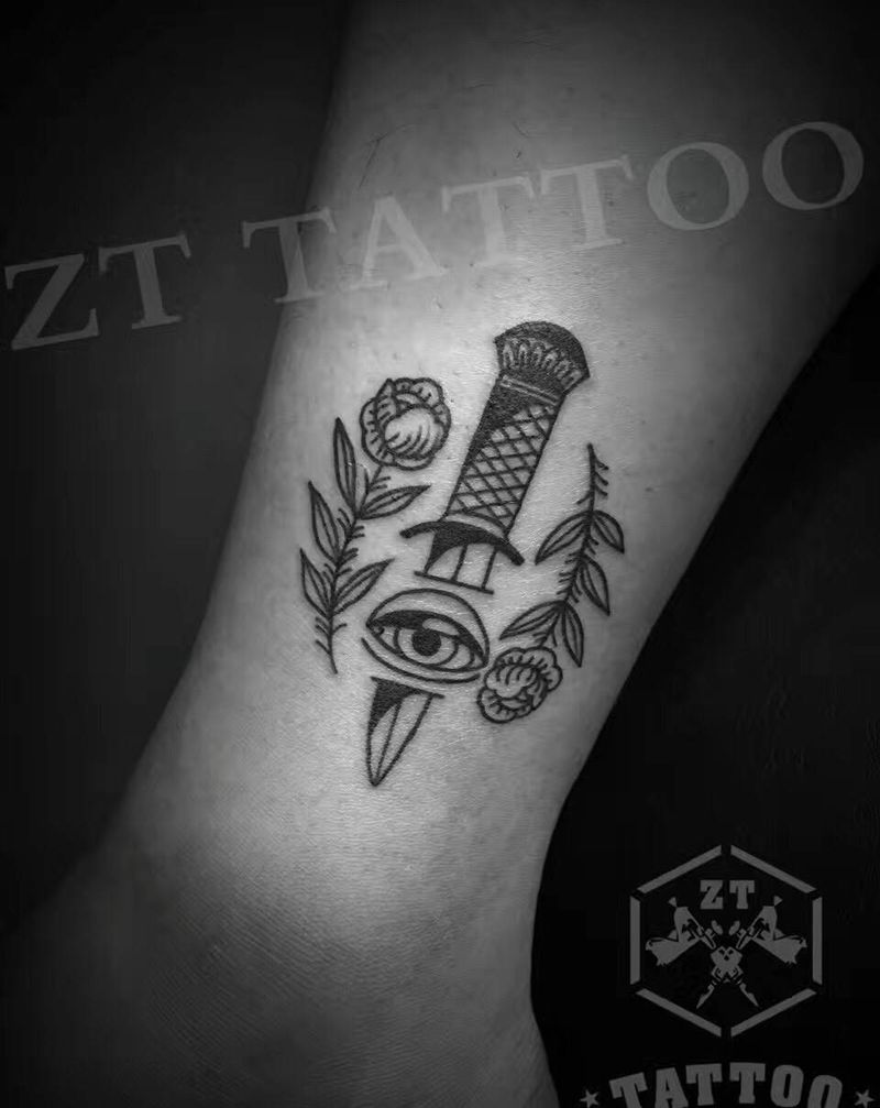 school匕首纹身图片_成品腿部手臂欧美清新植物静物school脚踝简约纹身图案