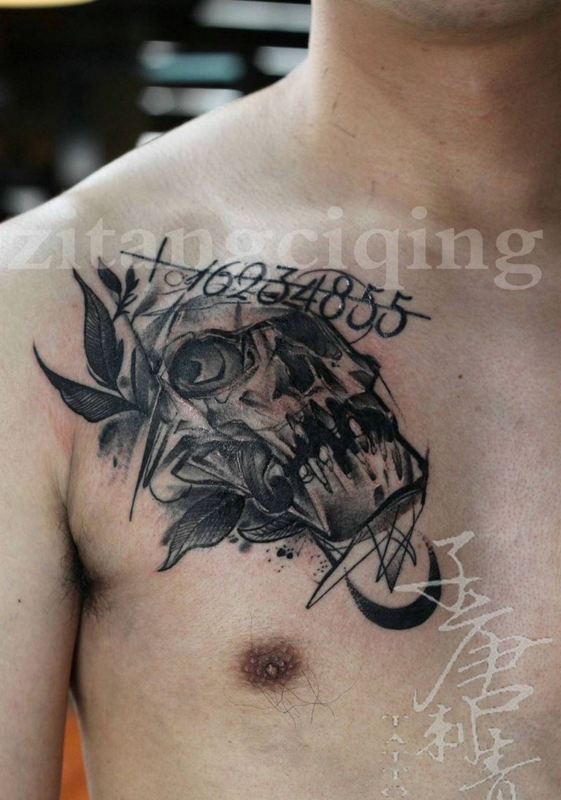 骷髅纹身图片_成品胸部欧美鬼神纹身图案