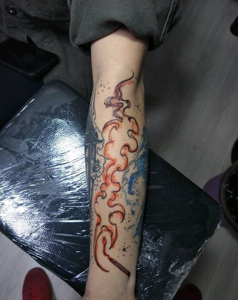 添加花体火焰！纹身图片_手臂欧美原创成品纹身图案