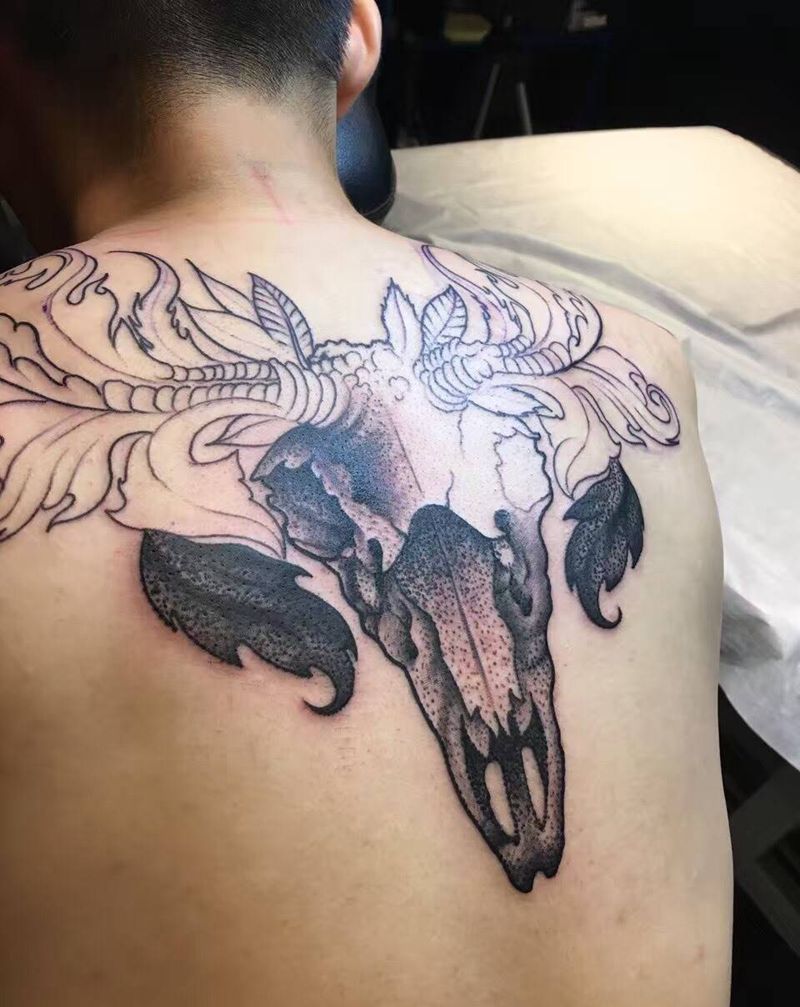 未完成，点刺纹身图片_插画背部欧美动物植物静物纹身图案