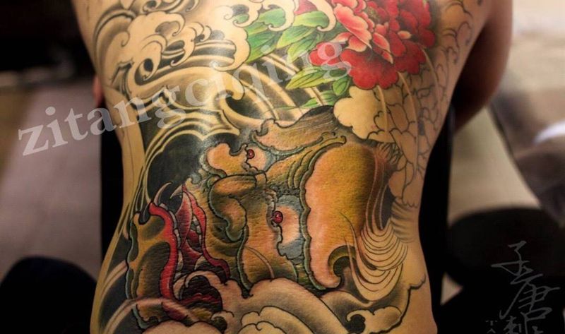 满背添加般若纹身图片_成品背部传统植物静物鬼神纹身图案