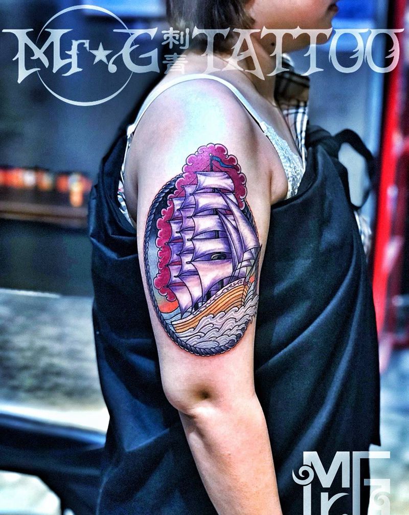 帆船海浪纹身图片