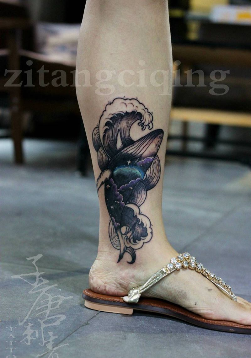 原创鲸鱼遮盖纹身图片_成品腿部欧美动物静物原创纹身图案