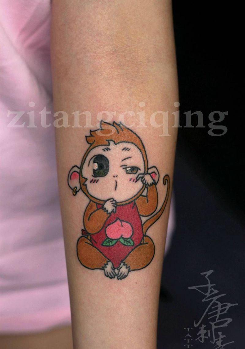 小猴子纹身图片_成品手臂清新动物原创纹身图案