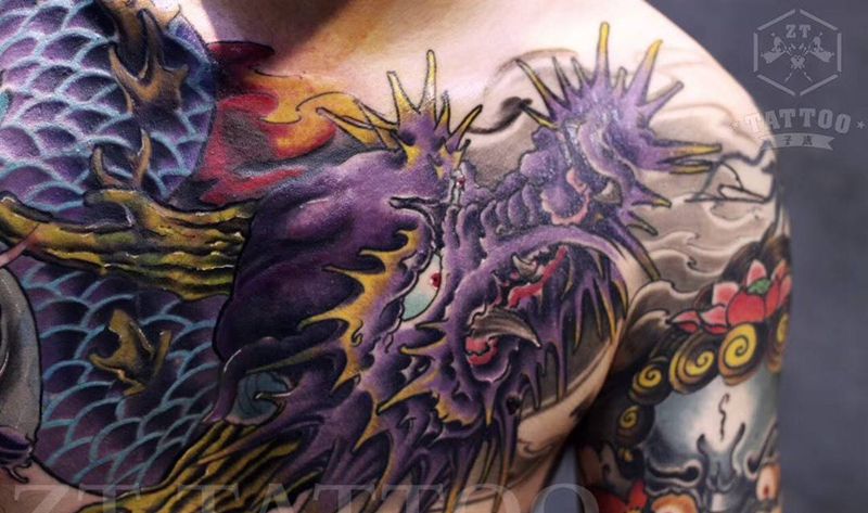 遮盖纹身图片_成品胸部肩部手臂传统宗教动物鬼神纹身图案