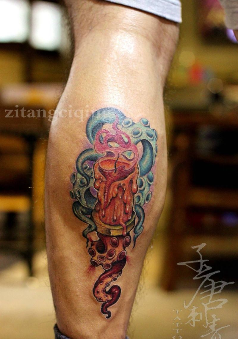 皮肤黑了点纹身图片_成品腿部欧美原创静物植物宗教鬼神纹身图案