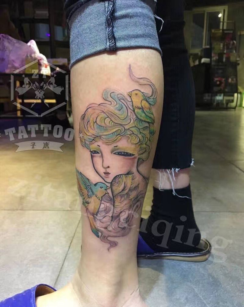 水彩风格纹身图片_成品腿部清新人物动物纹身图案