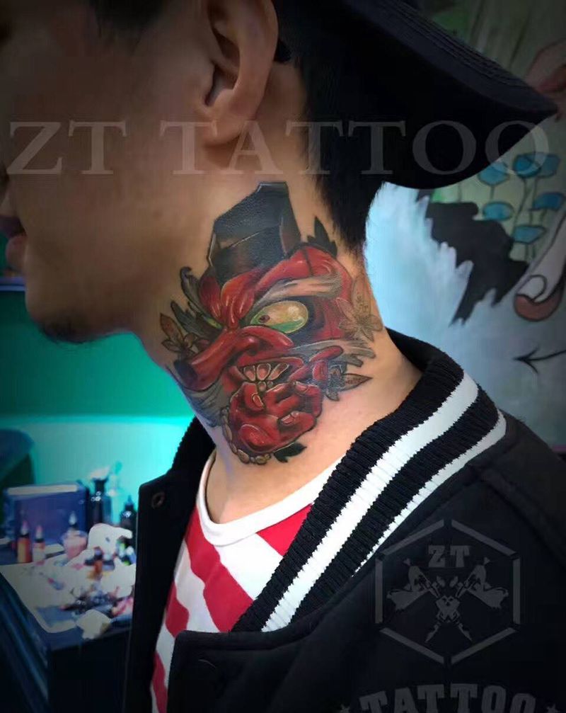 天狗纹身图片_颈部成品传统动物鬼神纹身图案