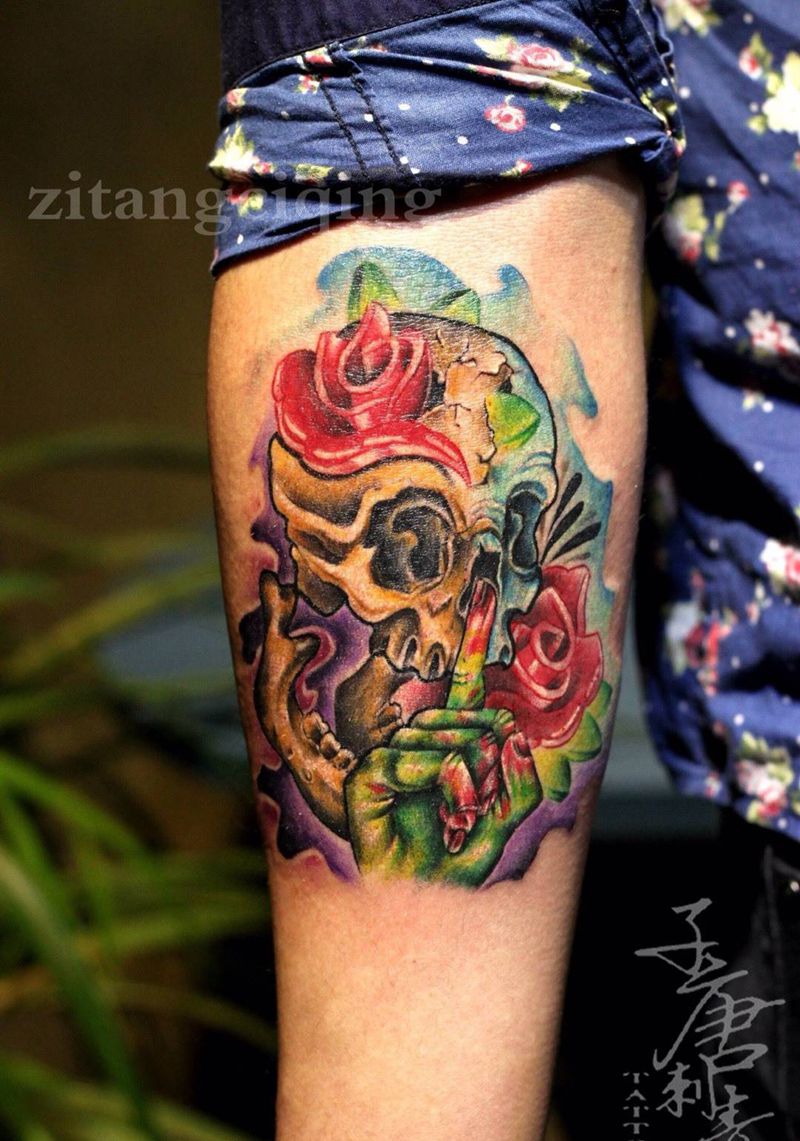 “牛四姑”挖鼻孔吗纹身图片_成品手臂欧美植物人物静物鬼神原创纹身图案