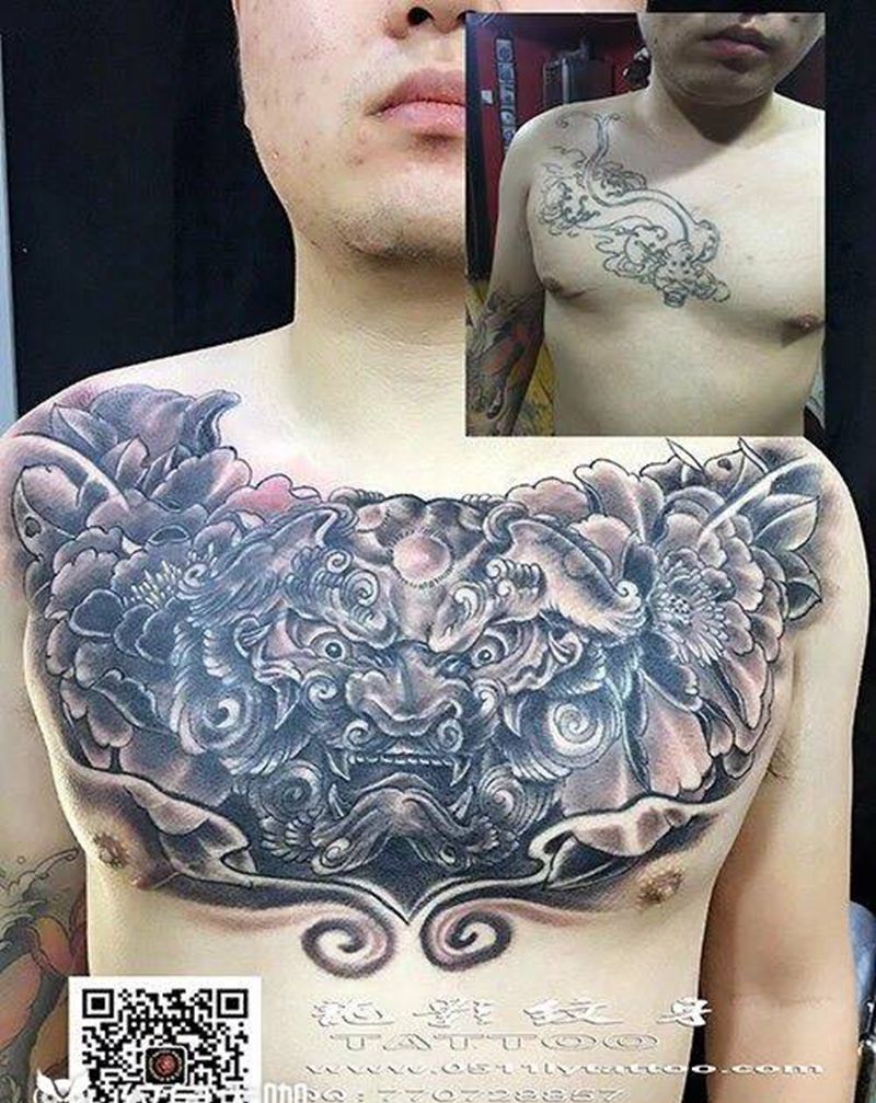 唐狮包胸纹身 盖残图纹身图片