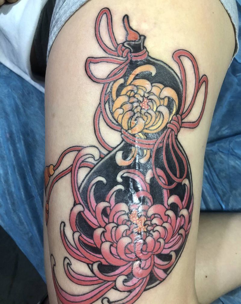 大福禄遮盖纹身图片_腿部老传统纹身图案