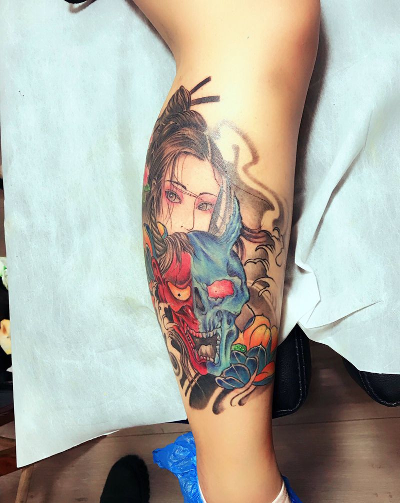 艺妓纹身图片_腿部新传统纹身图案