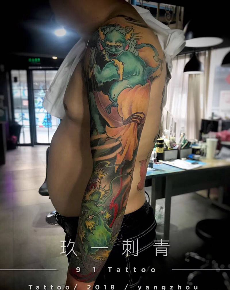 风神纹身图片_手臂新传统风神 龙纹身图案