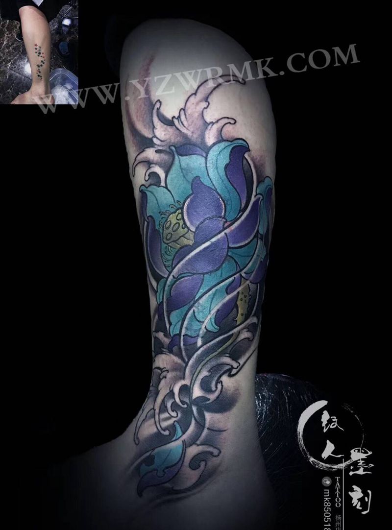 荷花遮盖旧纹身纹身图片_腿部纹身图案