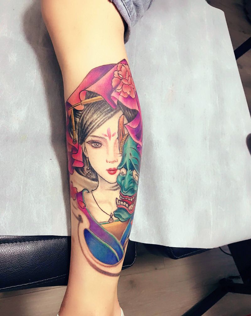 艺妓纹身图片_腿部新传统纹身图案