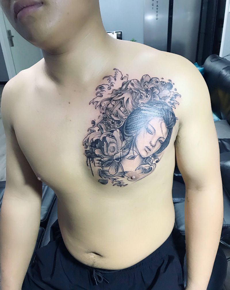 艺妓纹身图片_胸部新传统纹身图案