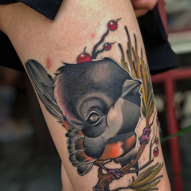 喜鹊纹身图片_腿部New School纹身图案