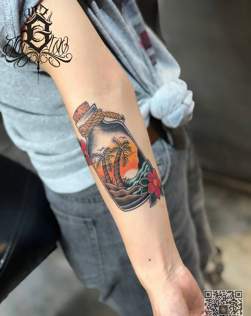 漂流瓶纹身图片_手臂Old School纹身图案