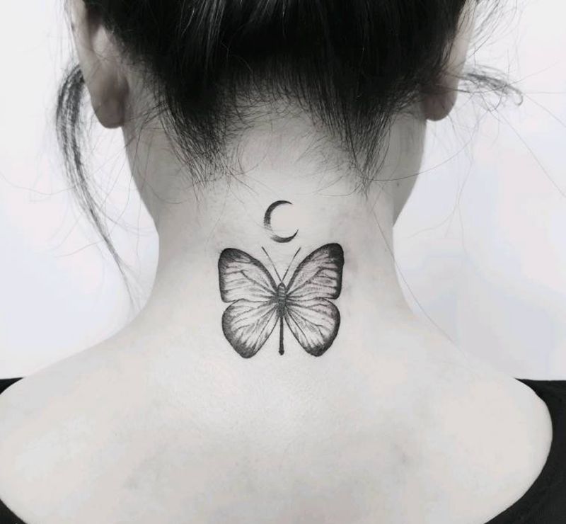 蝶纹身图片_颈部点刺纹身图案
