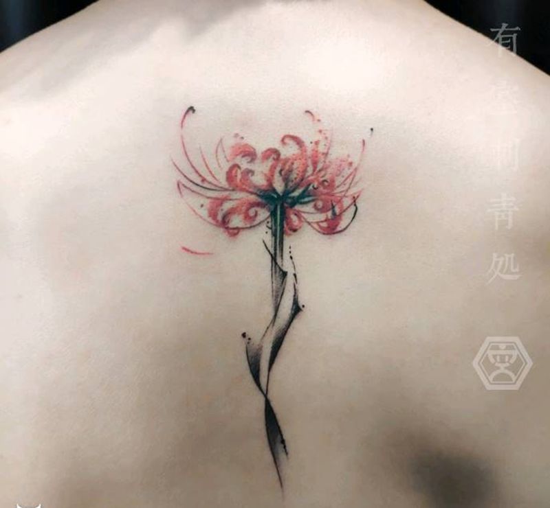曼珠沙华纹身图片_背部水墨纹身图案