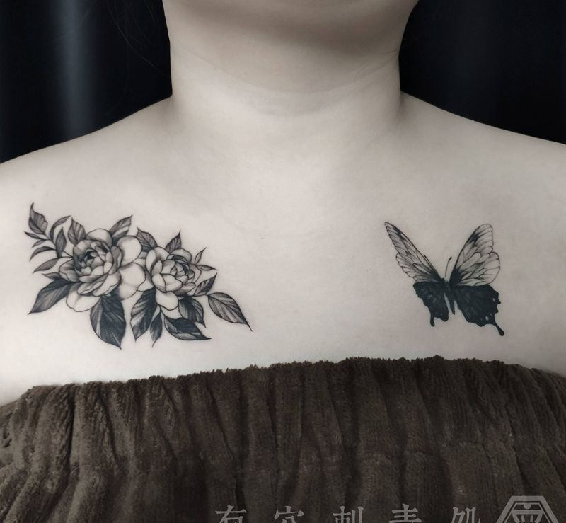 花与蝶(遮盖)纹身图片_肩部点刺纹身图案