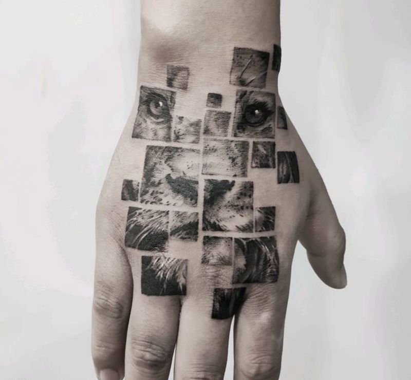 满背狮子头纹身图片_几何欧美写实纹身图案