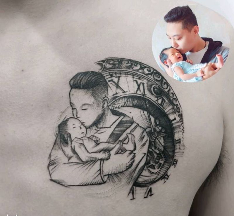 父女纹身图片_胸部点刺纹身图案