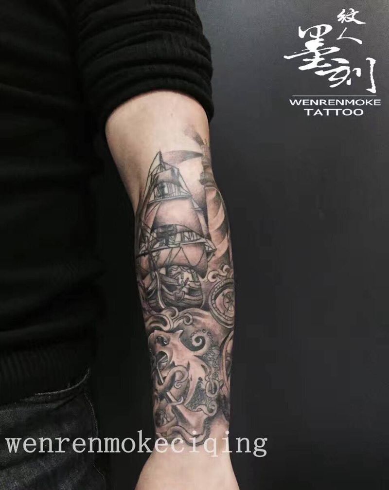 黑白艺妓纹身图片