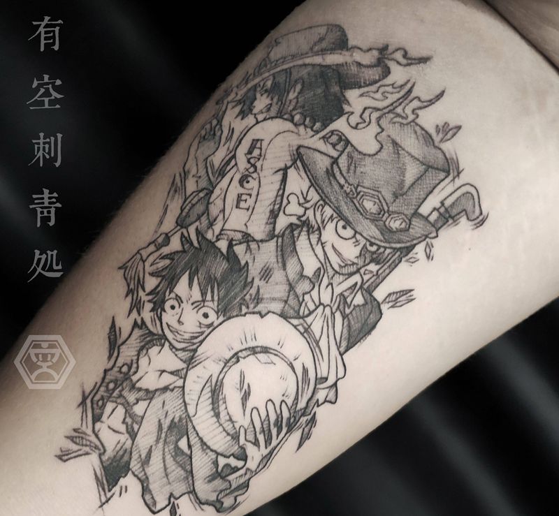 海贼王三兄弟纹身图片_手臂点刺纹身图案