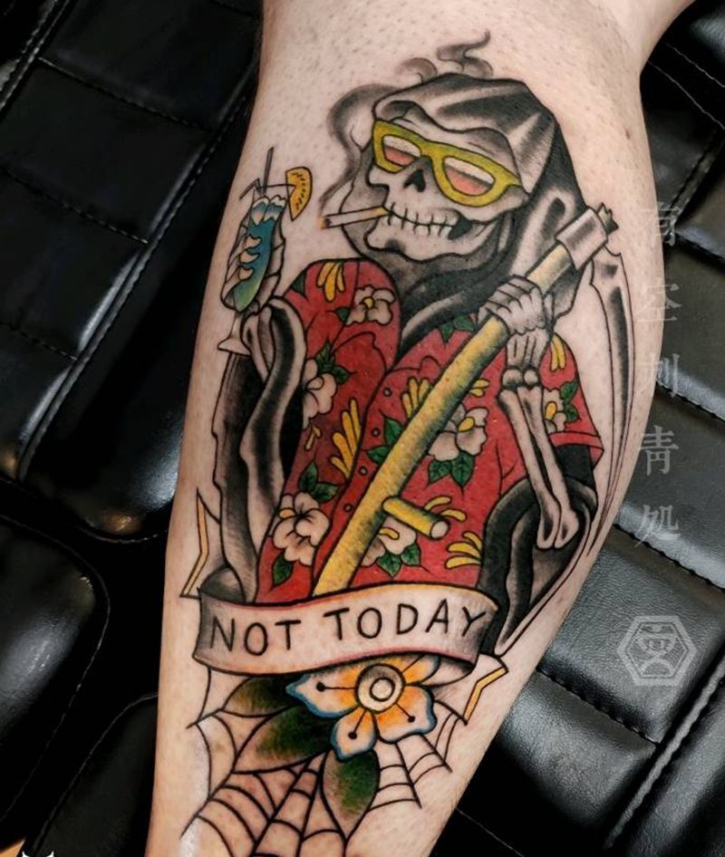 度假死神纹身图片_腿部Old School纹身图案