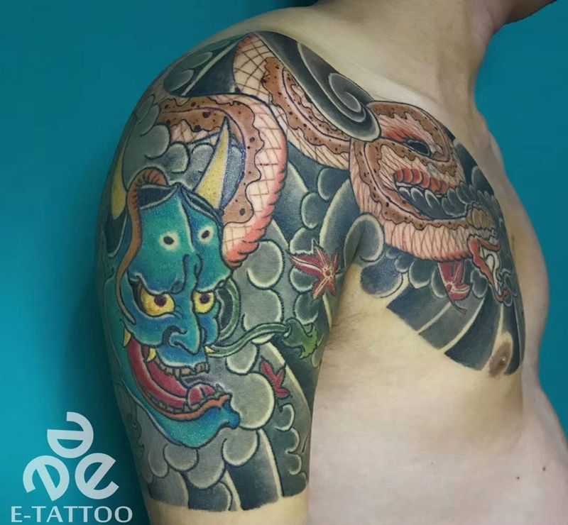 彩色半胛纹身图片_胸部手臂老传统新传统纹身图案