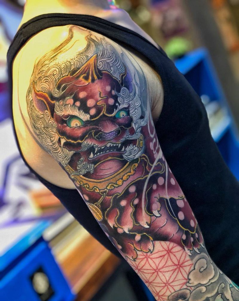 唐狮彩色纹身图片