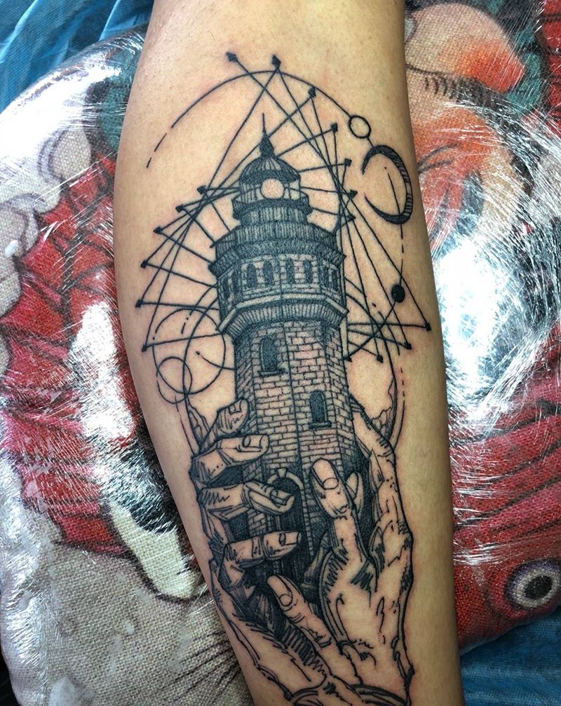 灯塔纹身图片_脚部几何灯笼纹身图案