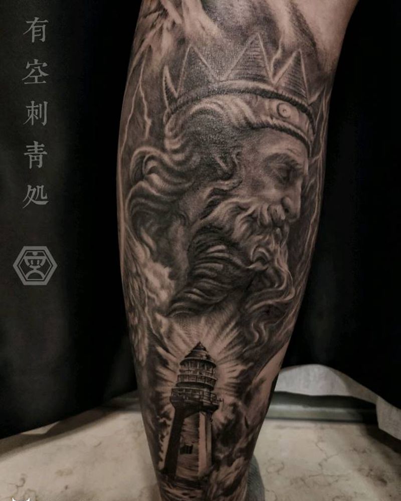 明灯照海神纹身图片_腿部欧美写实纹身图案