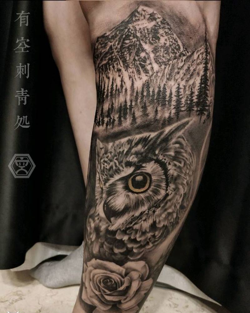 猫头鹰与珠穆朗玛纹身图片_腿部欧美写实纹身图案