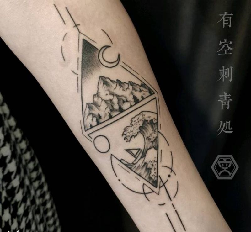 越过山海纹身图片_手臂点刺几何纹身图案