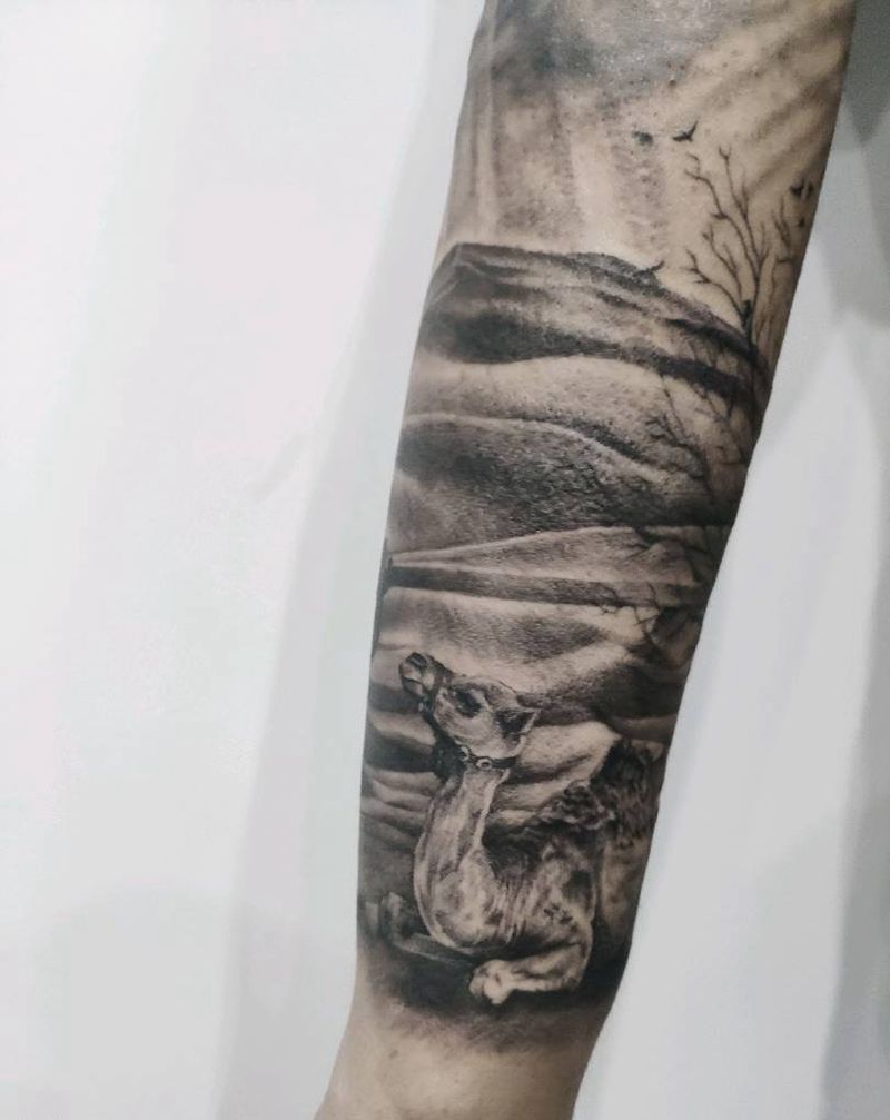 沙漠之舟纹身图片_手臂欧美写实纹身图案