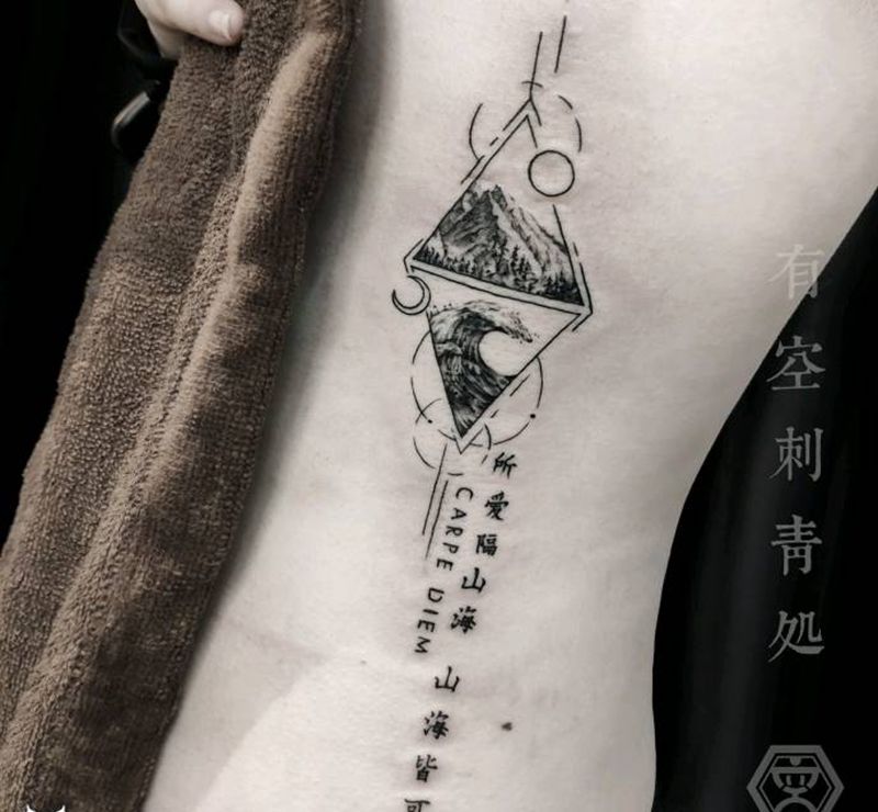 山和大海纹身图片_腰部几何纹身图案
