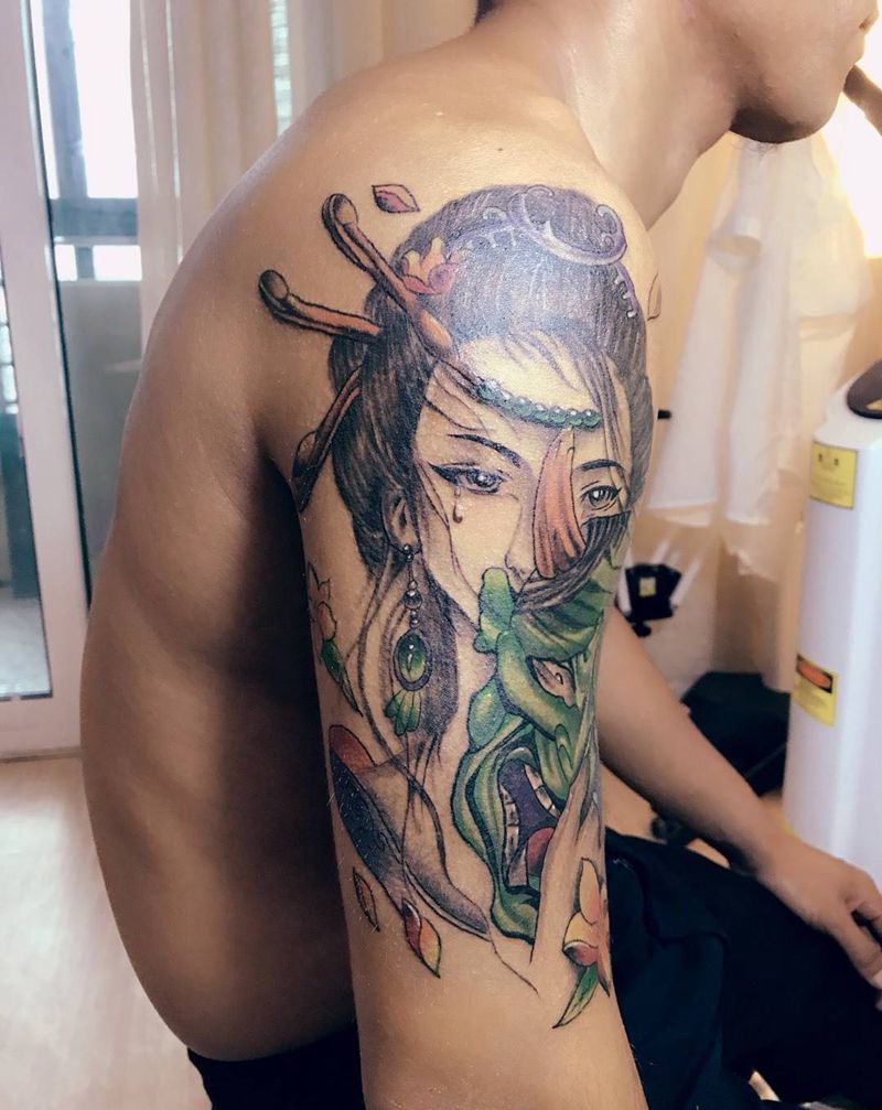 大臂艺妓纹身图片