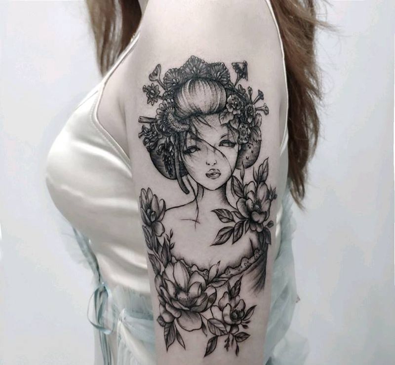 艺伎纹身图片_手臂新传统点刺纹身图案