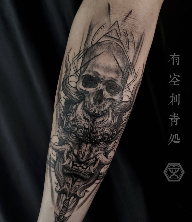 般若骷髅纹身图片_手臂几何欧美写实纹身图案