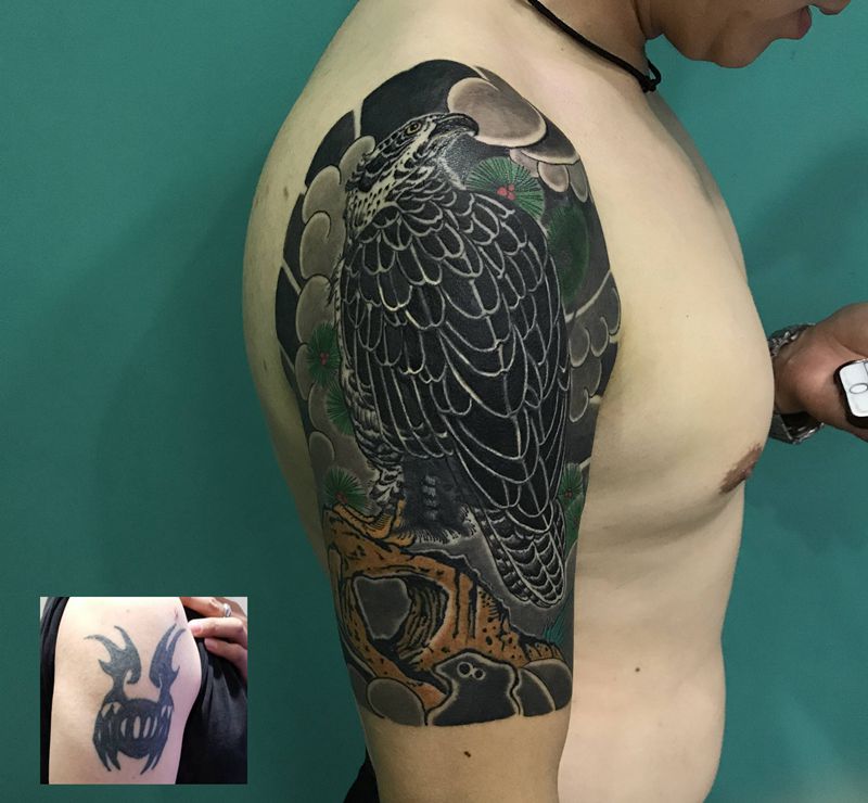 遮盖之老鹰包大臂纹身图片_手臂老传统老鹰纹身图案