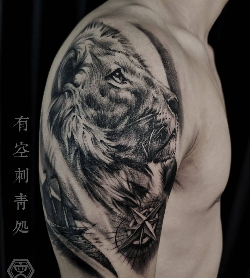 一帆风顺狮子头纹身图片_手臂欧美写实纹身图案