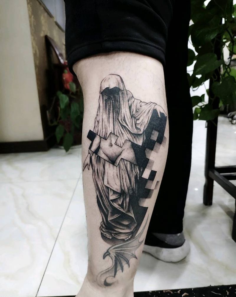 蒙面女纹身图片_腿部点刺暗黑系纹身图案