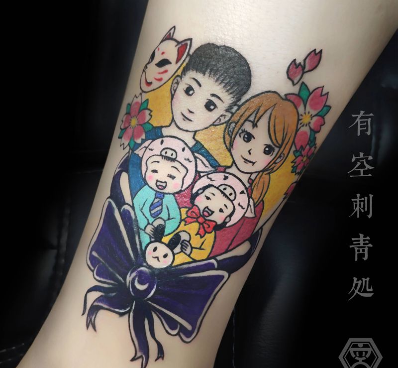 全家福纹身图片_腿部New School纹身图案